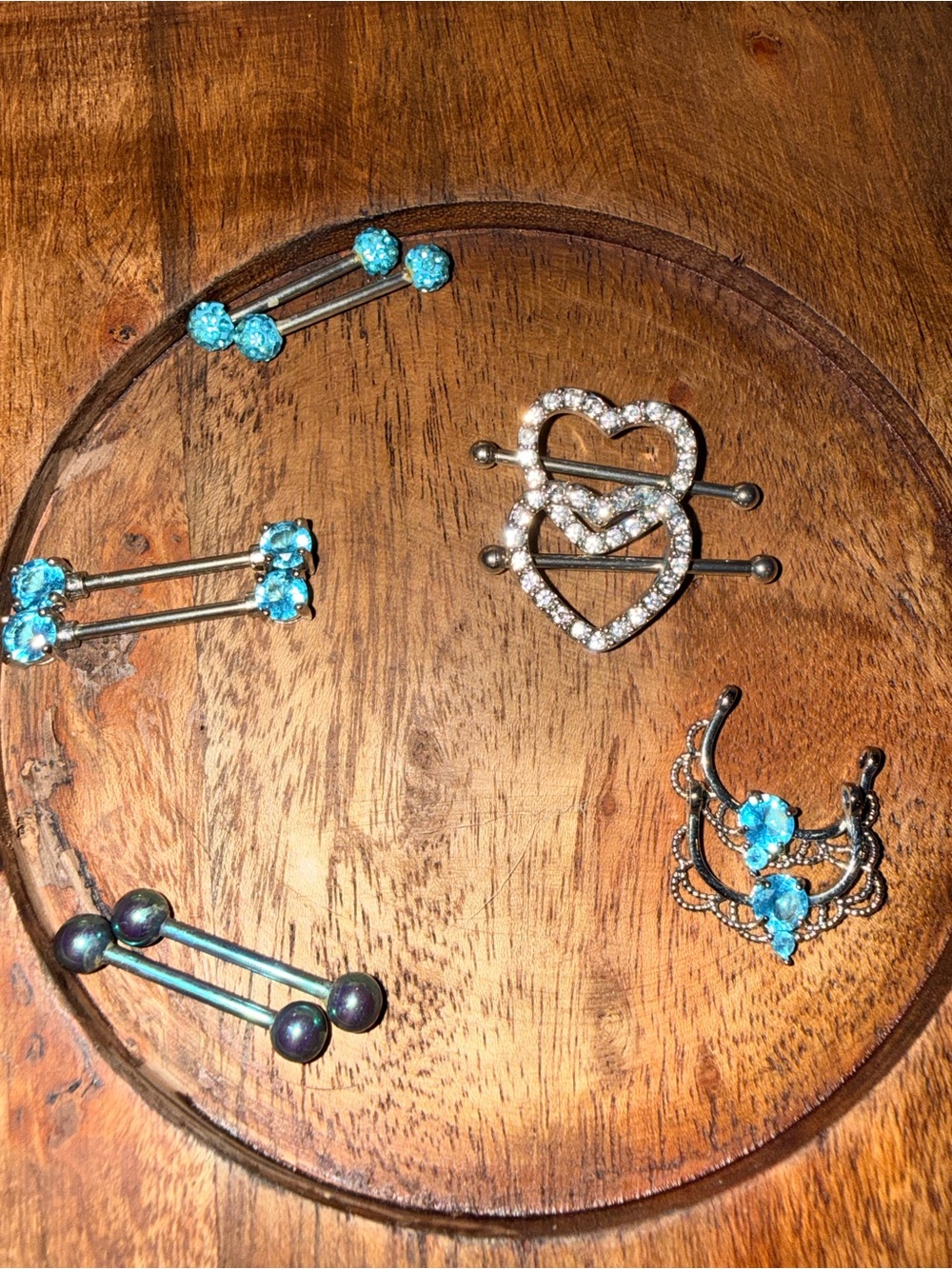 Blue Crystal Barbell and Hearts Nipple Rings Set